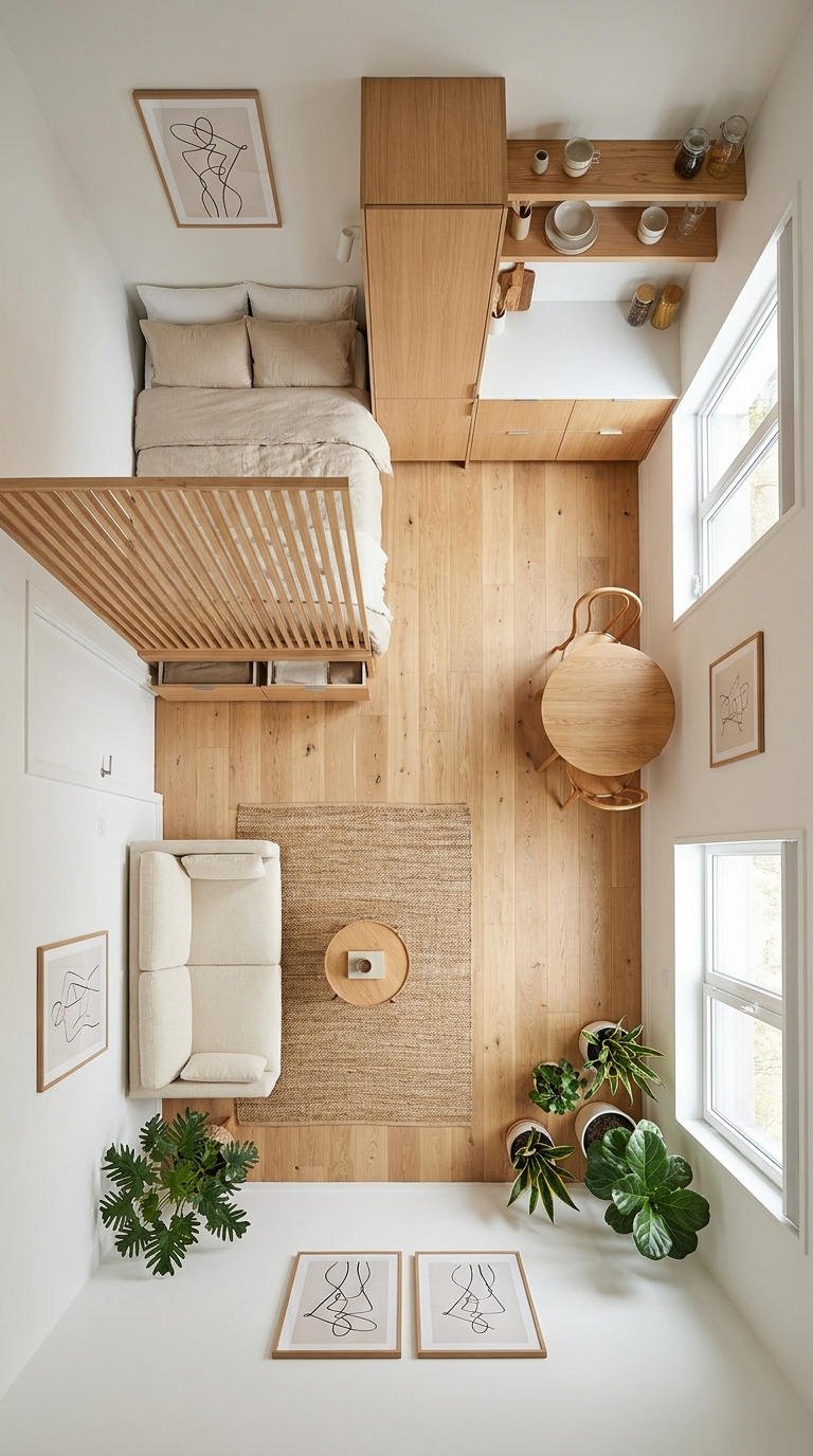 plan studio bois lit salon