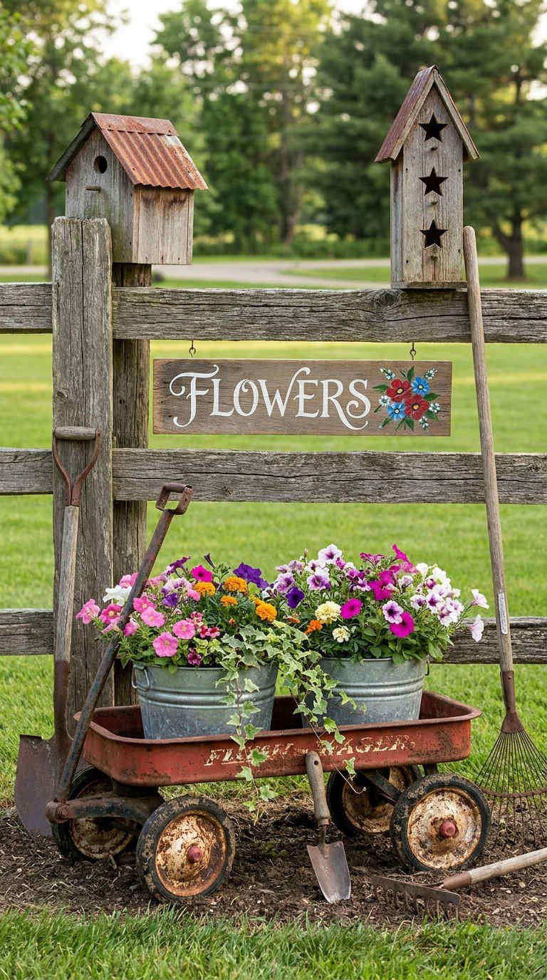 charrette rouge fleurs cloture