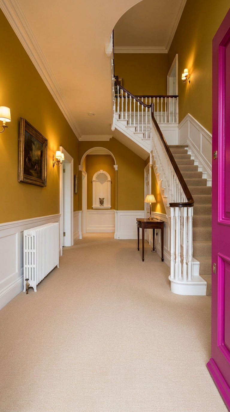 couloir moutarde porte rose escalier