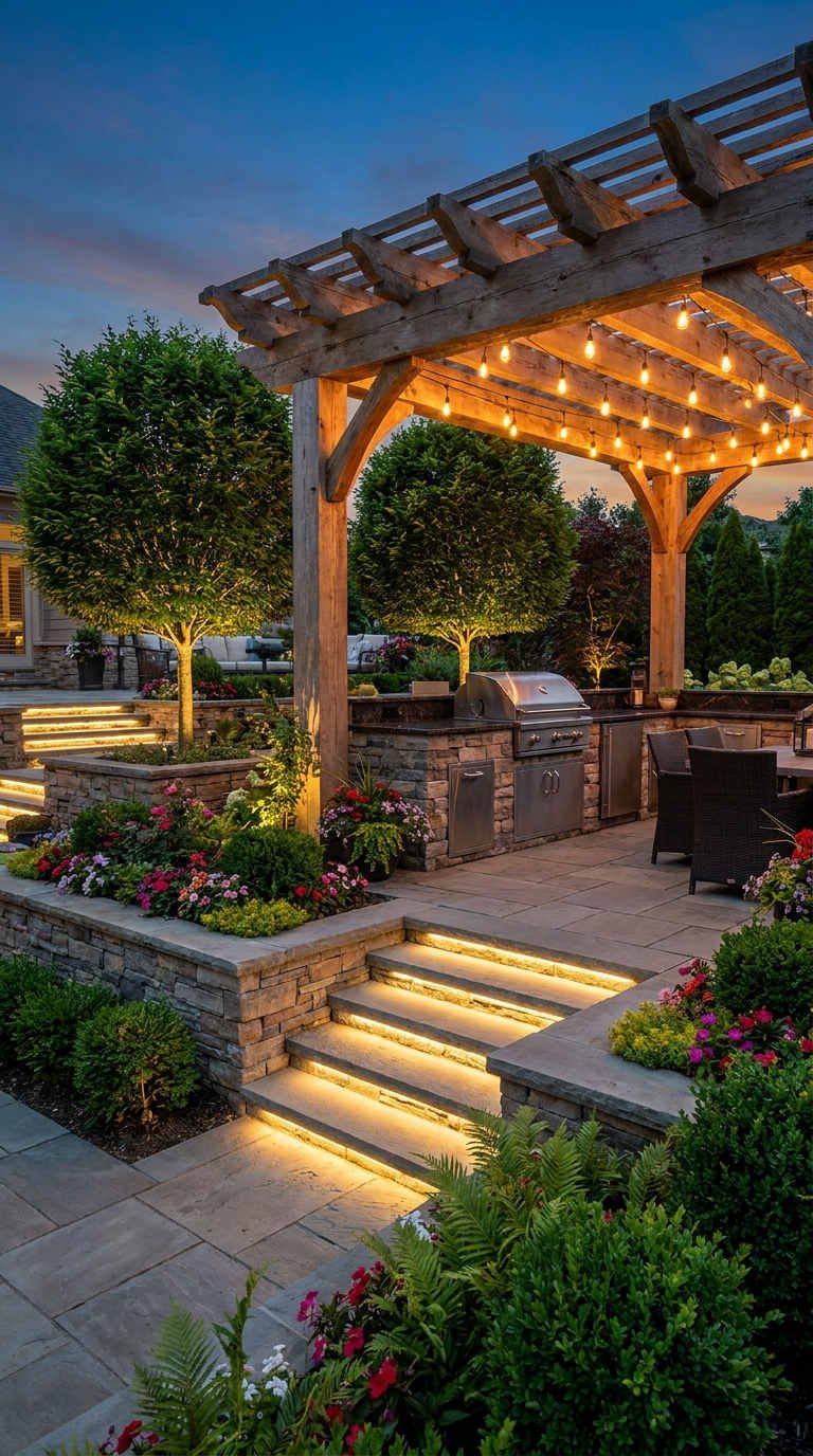 cuisine exterieure pergola guirlandes