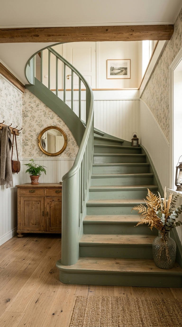 escalier bois vert sauge campagne