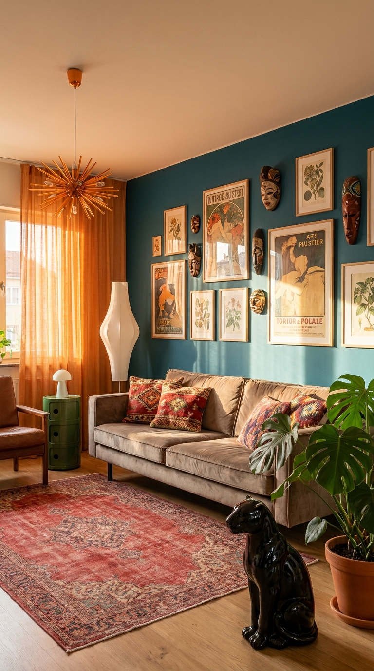 salon mur bleu affiches