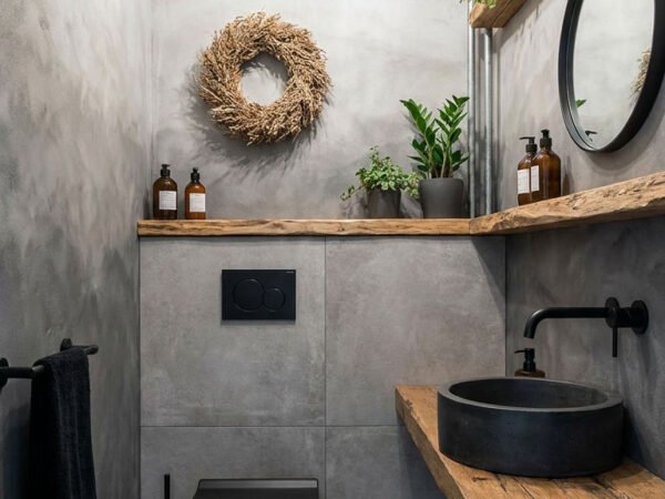 toilettes beton bois brut plantes
