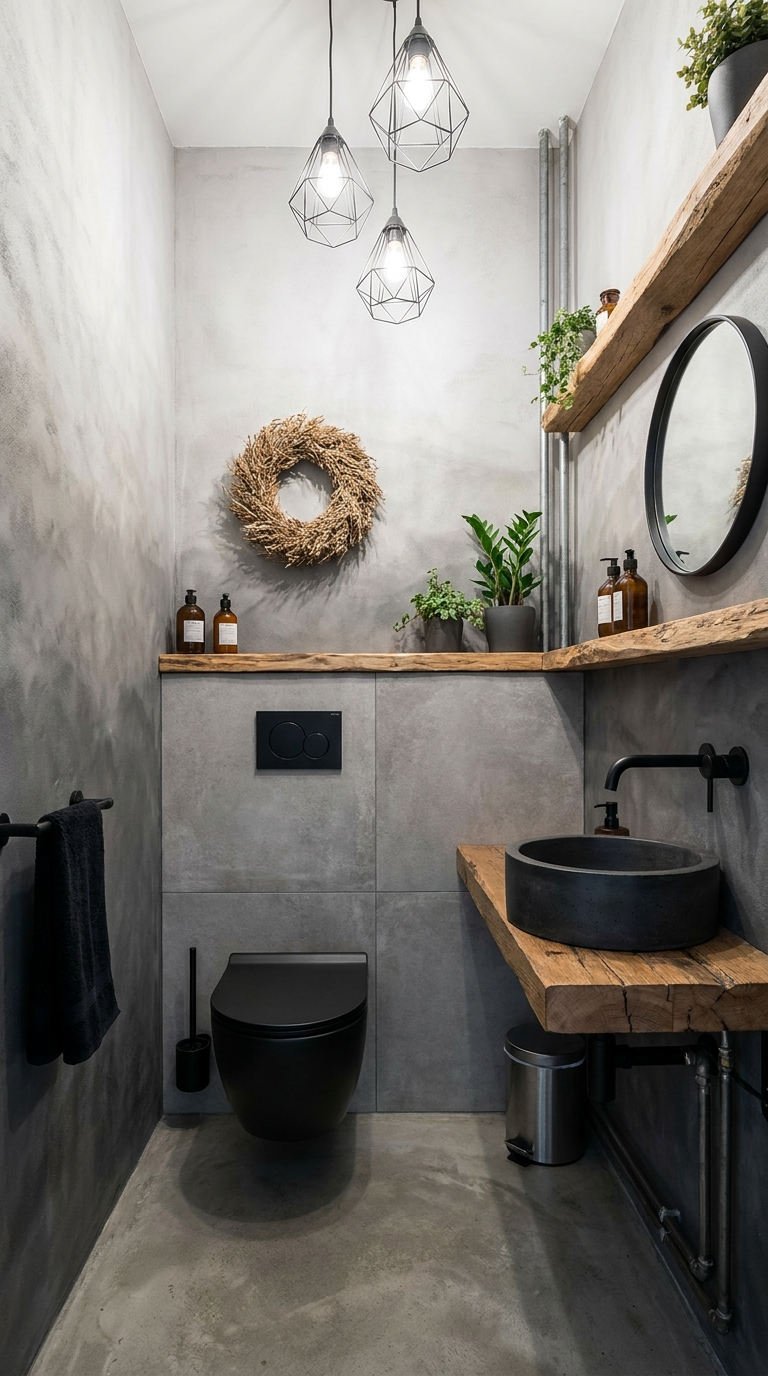 toilettes beton bois brut plantes
