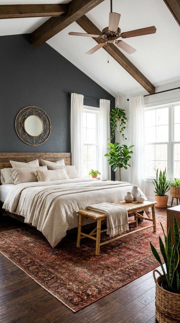 chambre boheme poutres mur anthracite