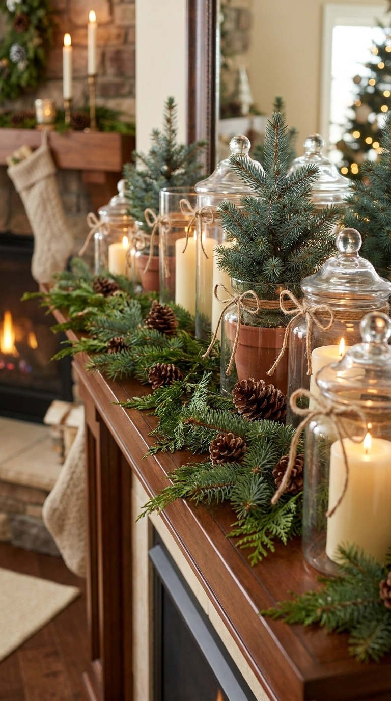 cheminee bocaux verre sapins bougies