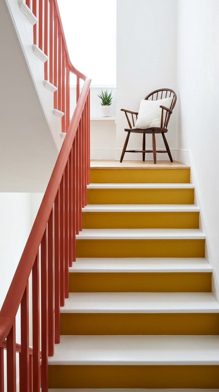 escalier bois moutarde rampe corail