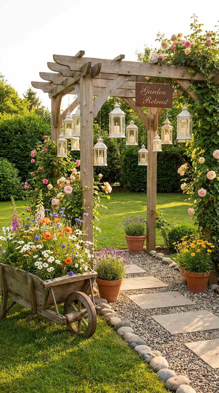 pergola bois lanternes roses