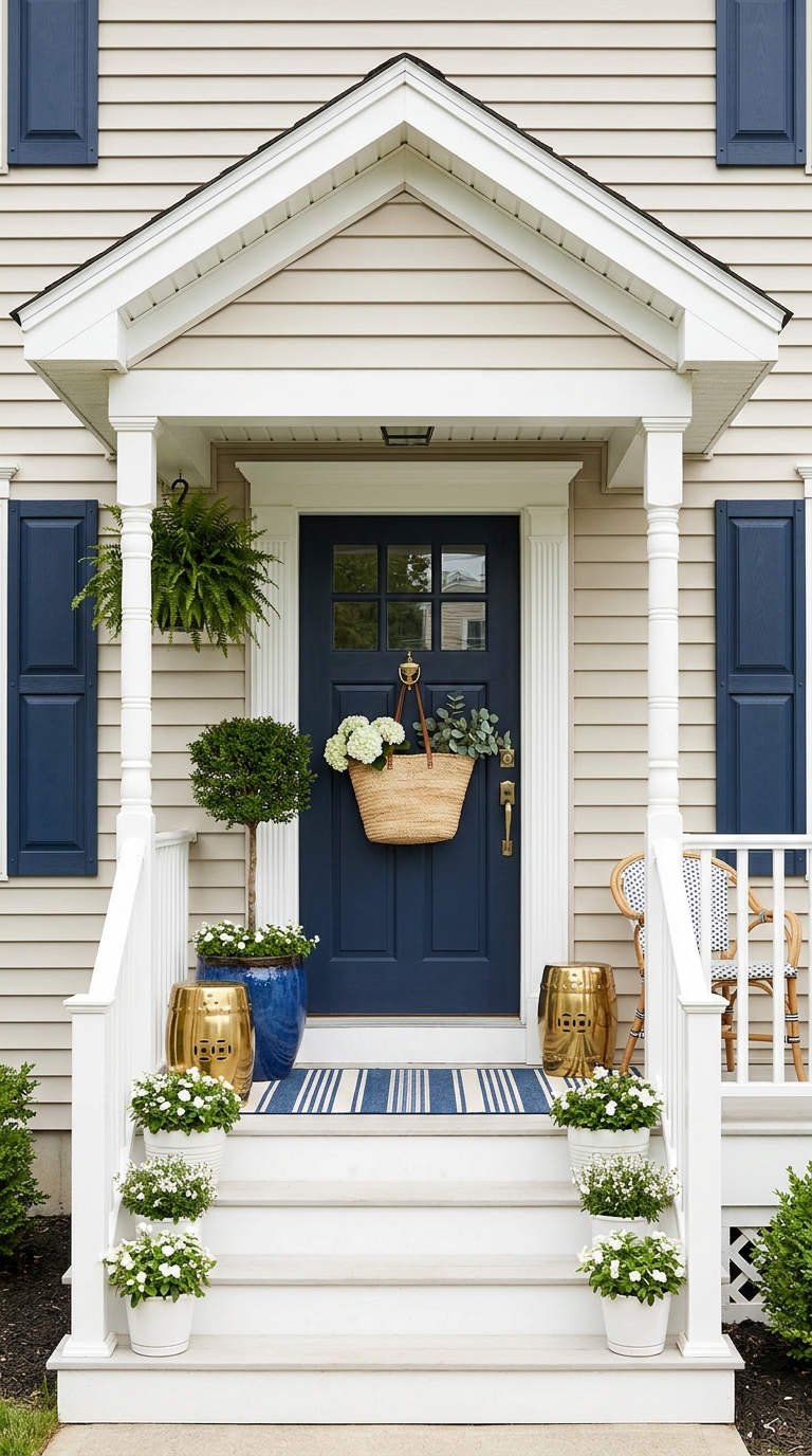 porche entree bleue blanche pots