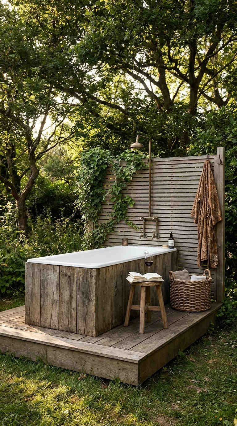 baignoire bois douche jardin