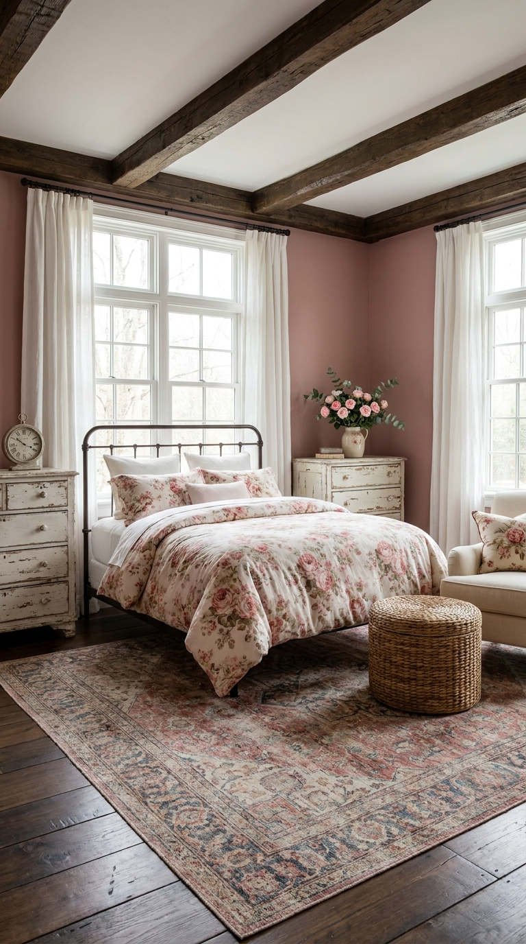 chambre rose poutres bois
