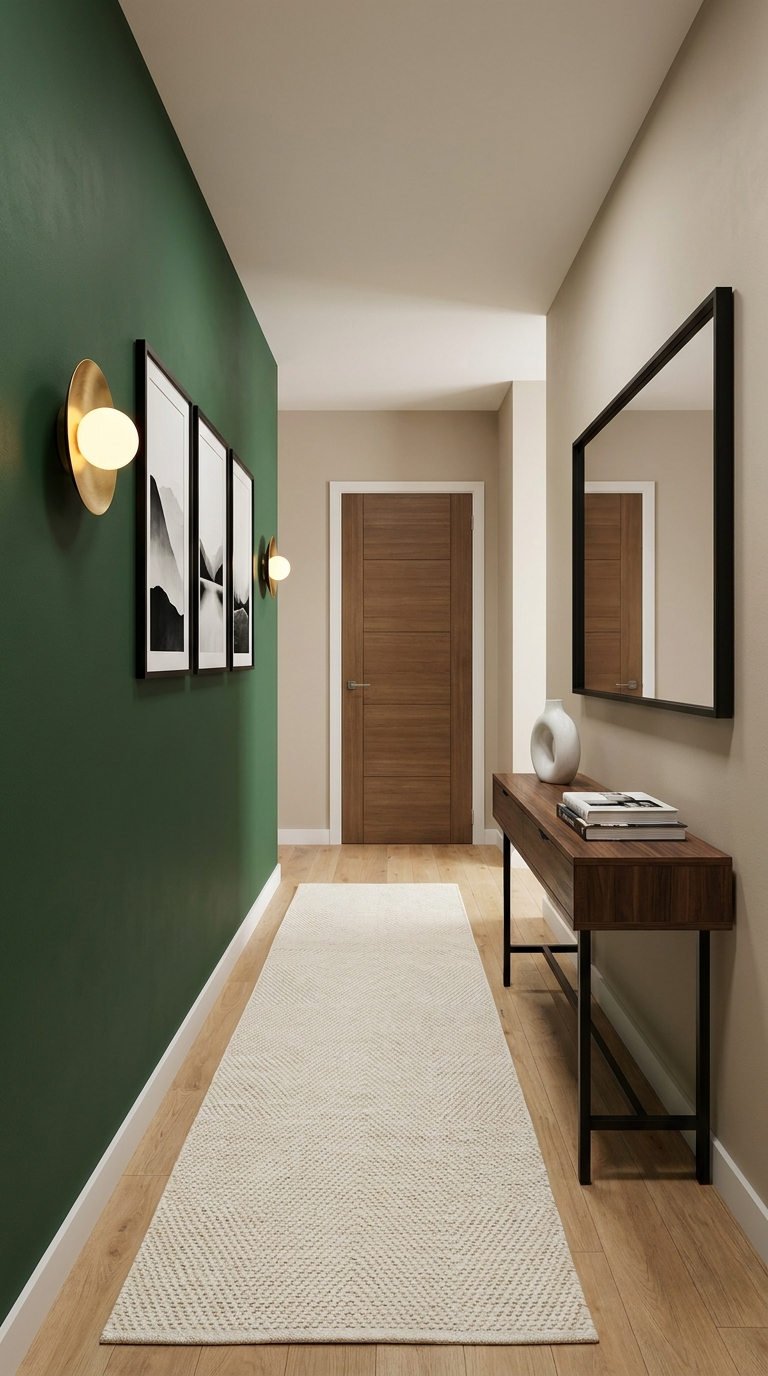 couloir vert fonce console miroir
