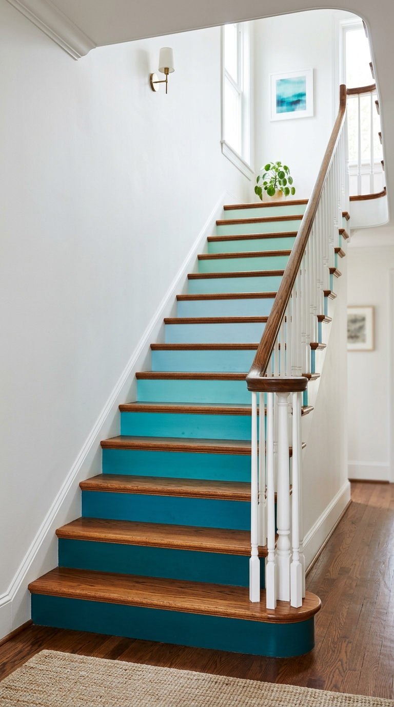 escalier bois degrade bleu turquoise