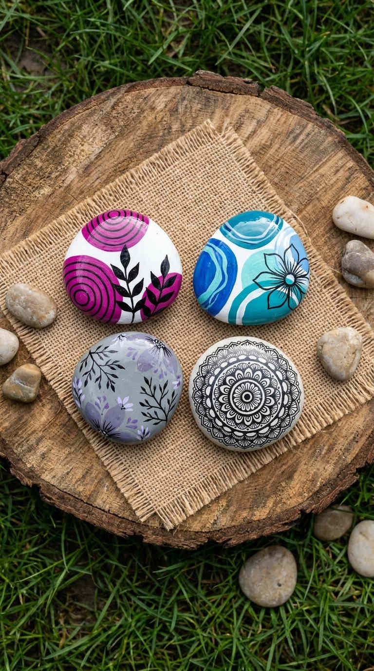 galets peints motifs botaniques graphiques