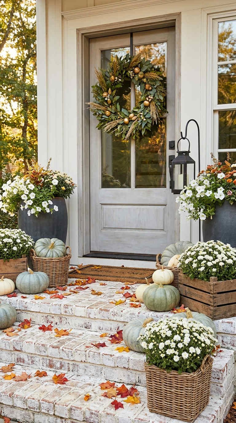 perron citrouilles chrysanthemes couronne automne