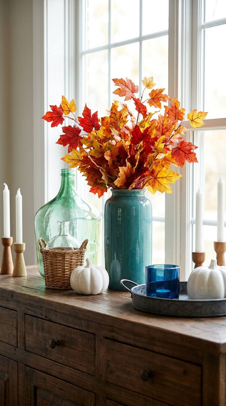 buffet vase bleu feuilles automne