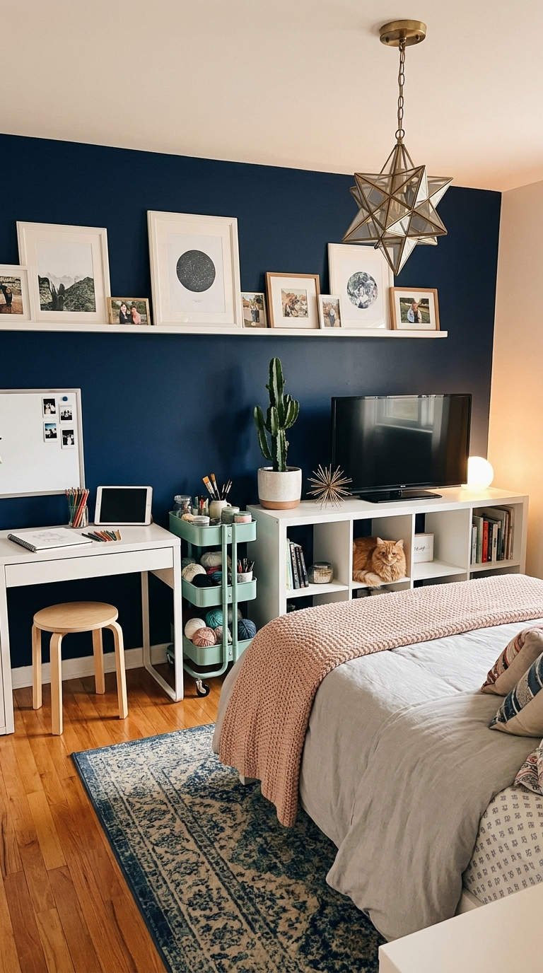 chambre multifonction bleu bureau television