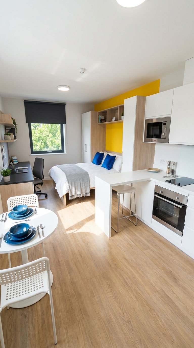 studio jaune cuisine coin nuit