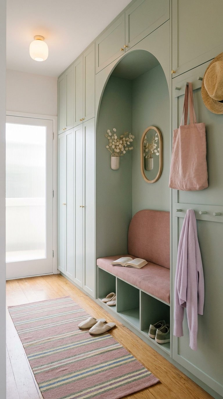 vestiaire sauge banquette rose