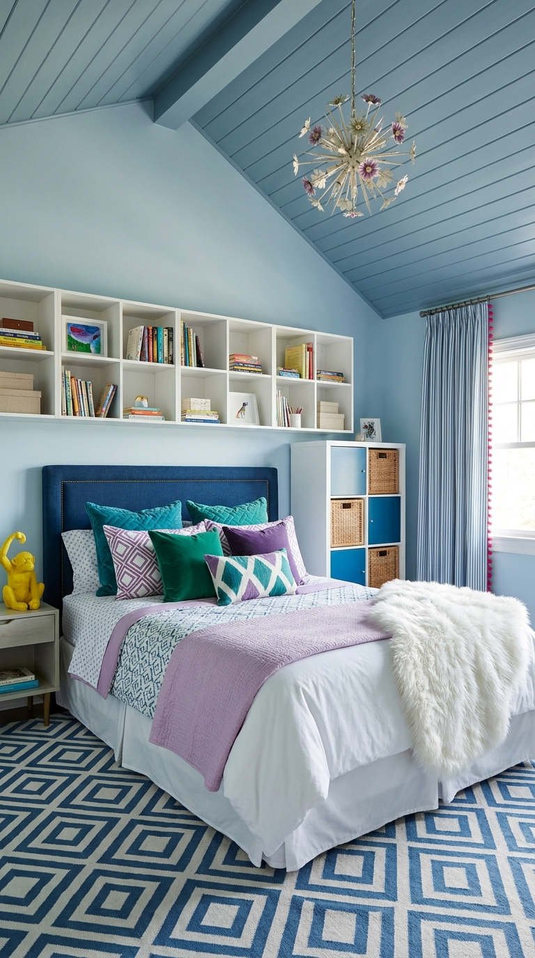 chambre bleue plafond lambrisse rangements