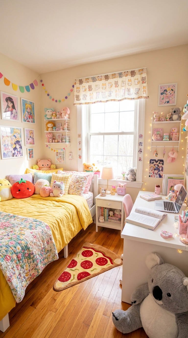 chambre kawaii peluches bureau colore