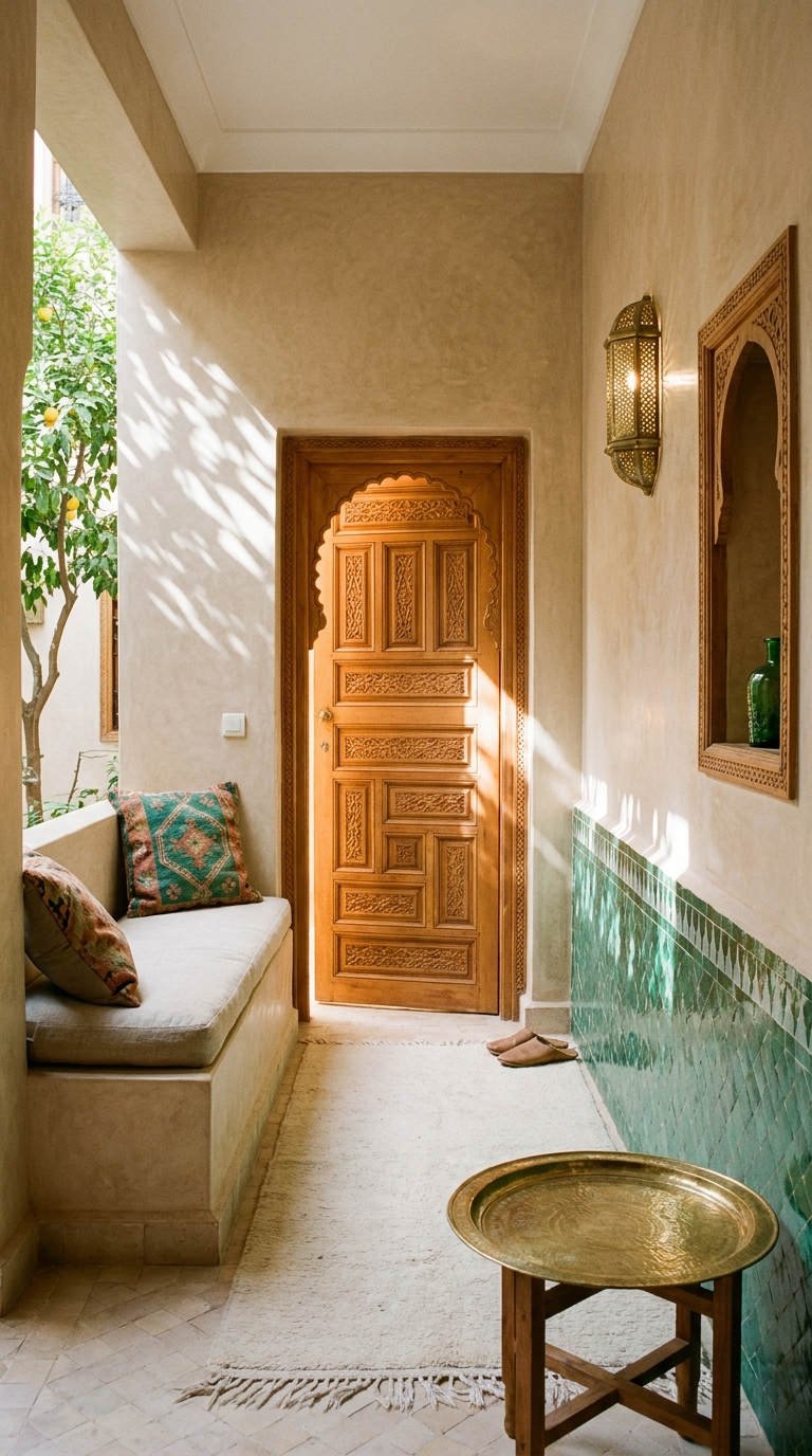 entree marocaine zellige porte sculptee