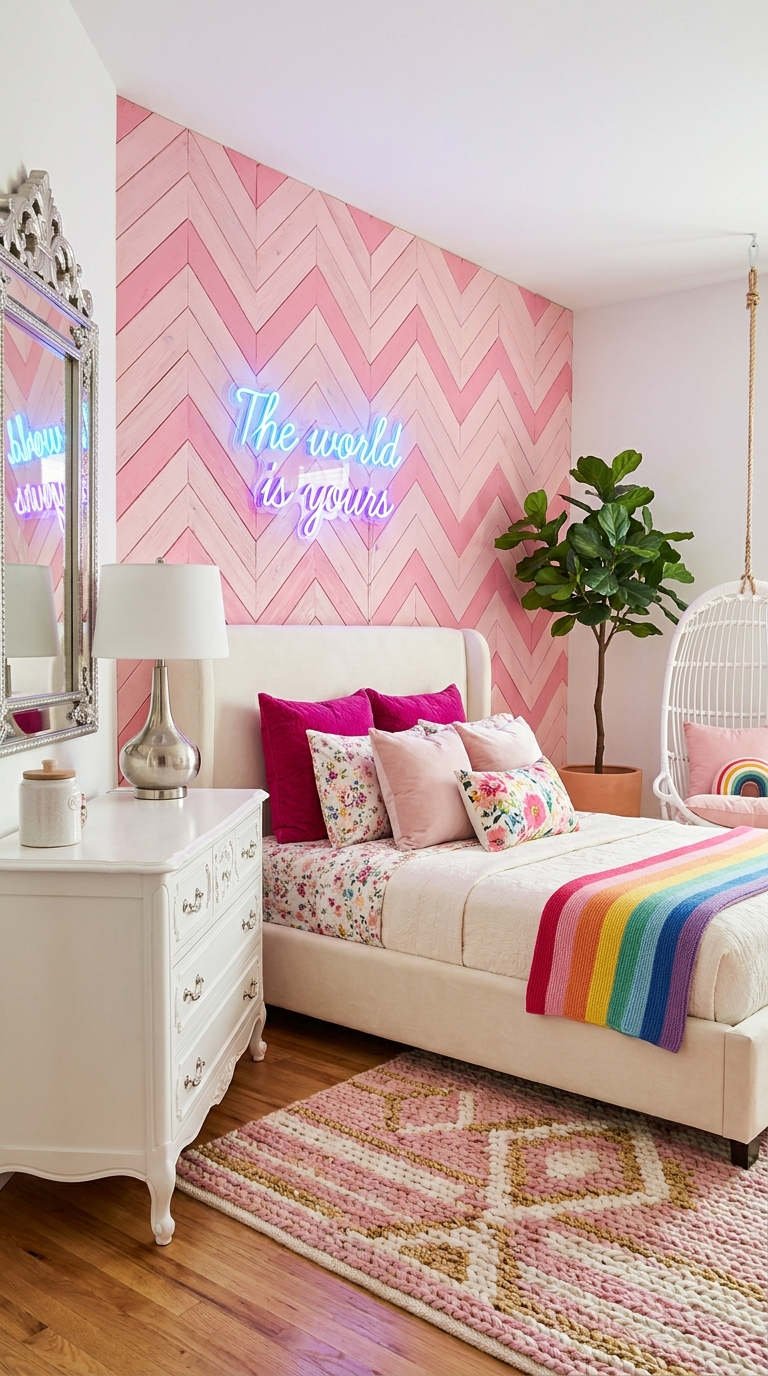 chambre rose neon arc en ciel