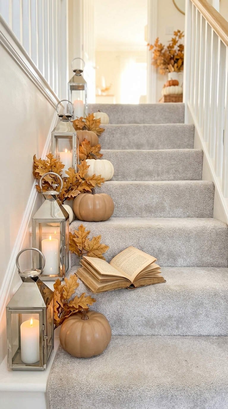 escalier lanternes citrouilles feuilles automne