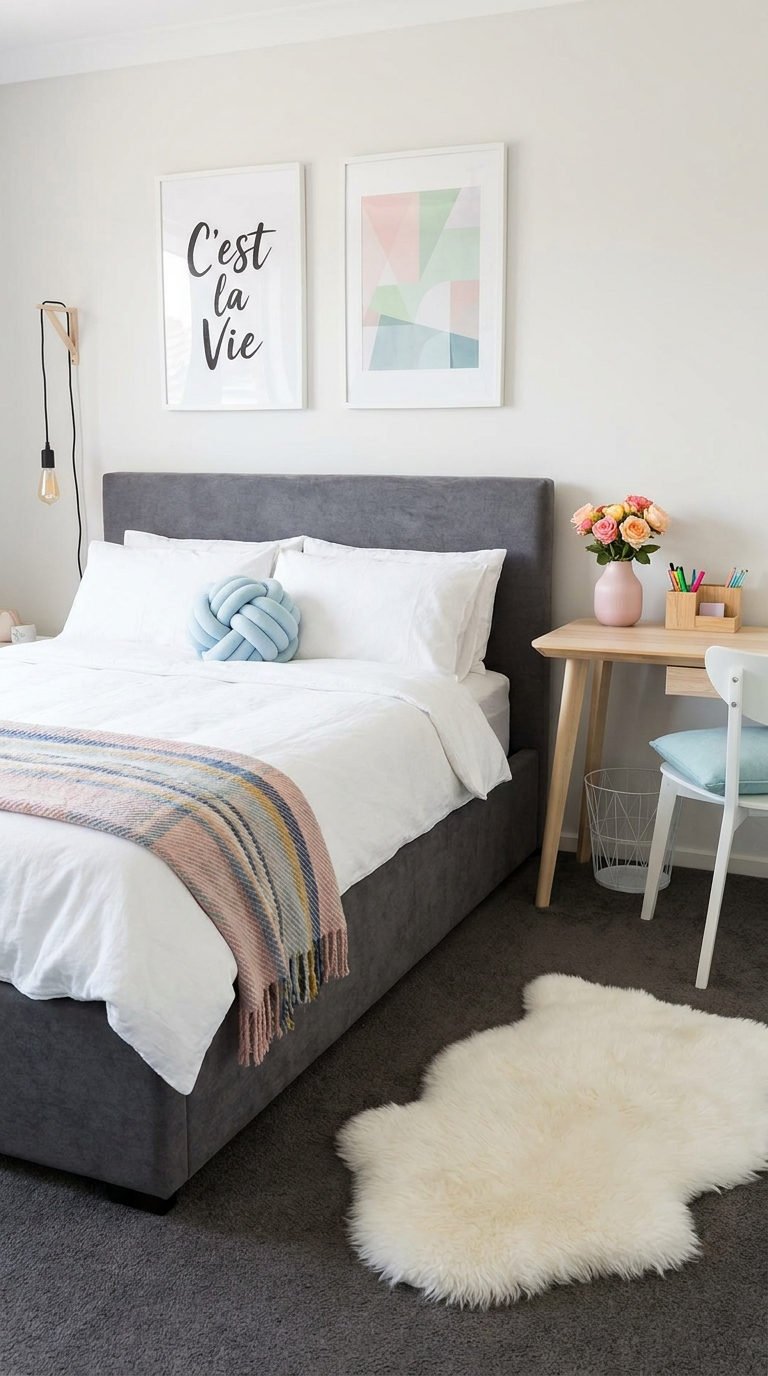 chambre minimaliste grise pastels bureau