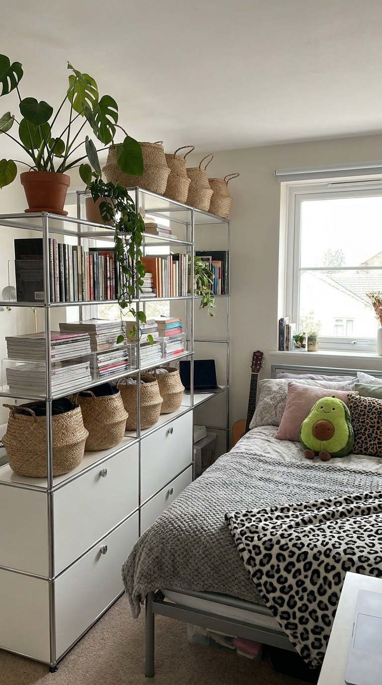 chambre bibliotheque metallique paniers plantes