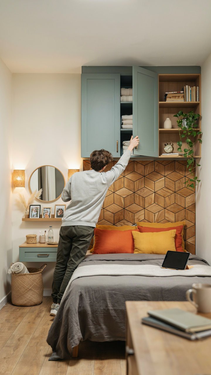 chambre etroite rangements tete geometrique