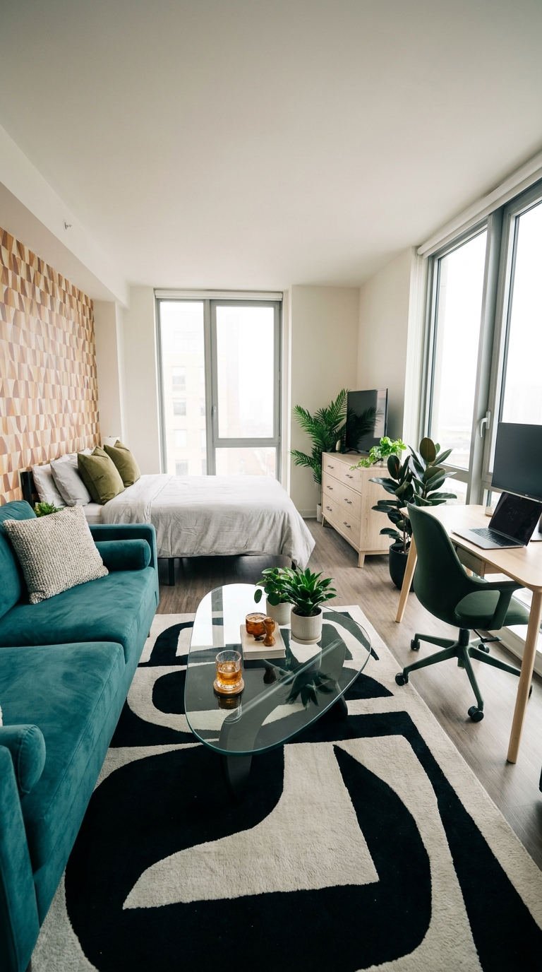 studio canape bleu bureau fenetre