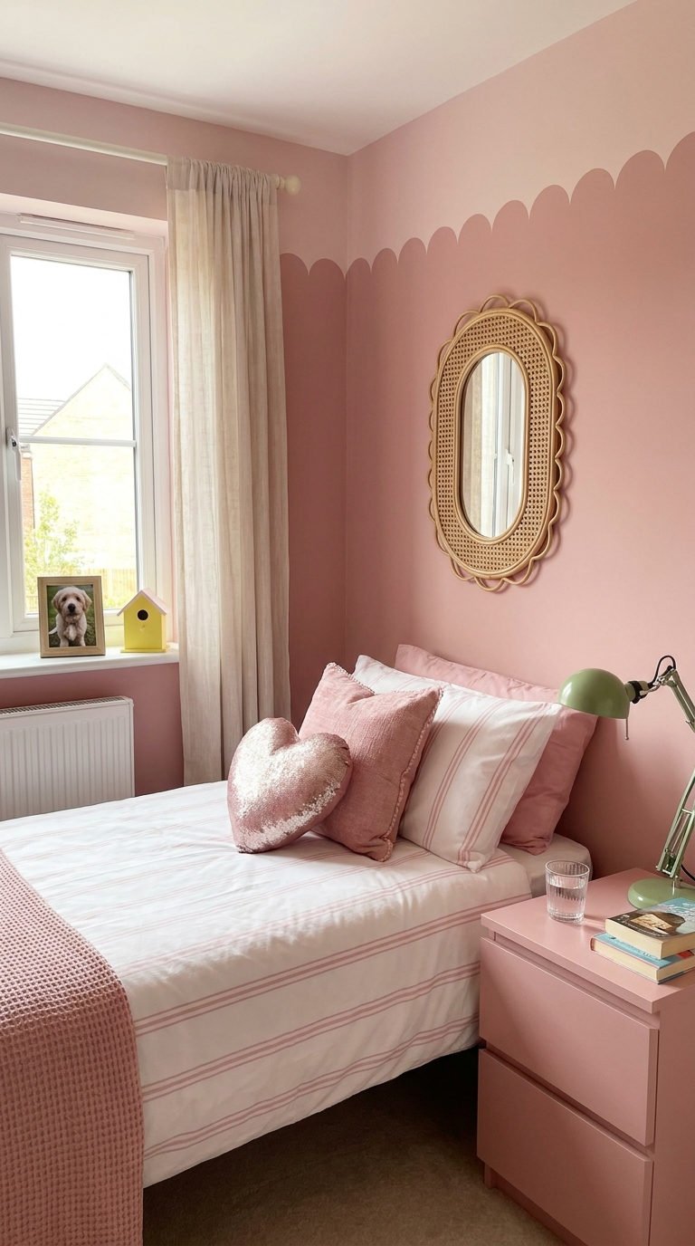 chambre rose mur festonne rotin