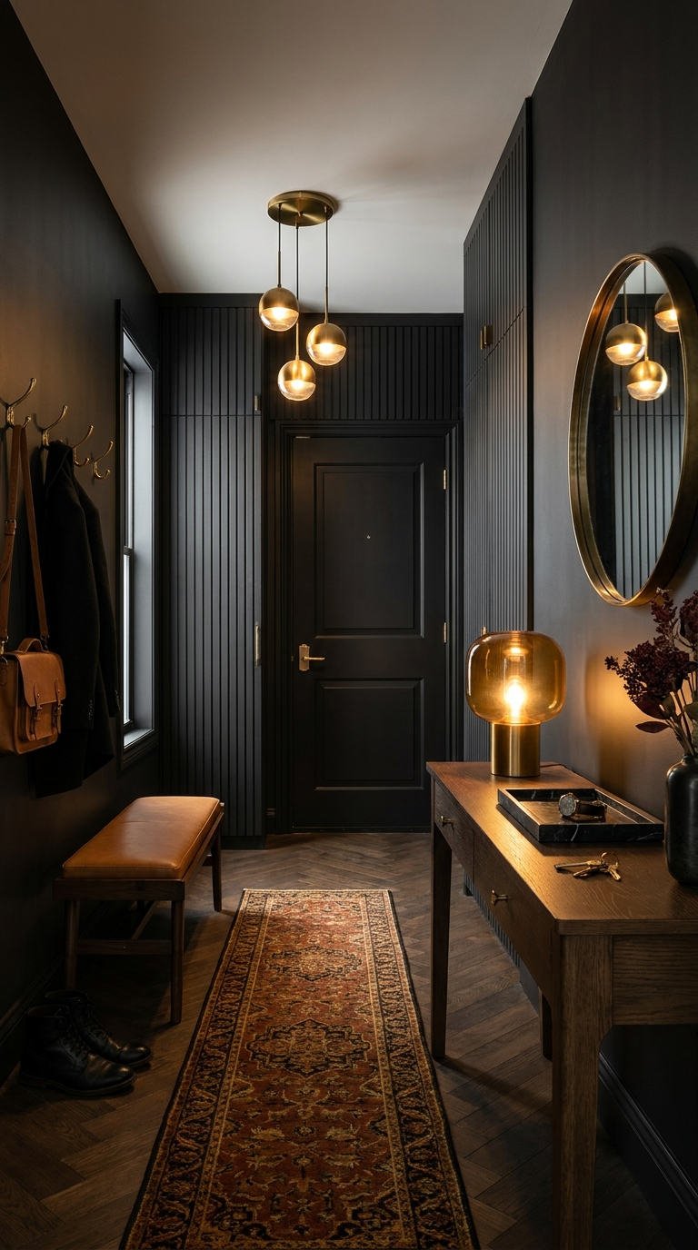 entree noire luminaires dores