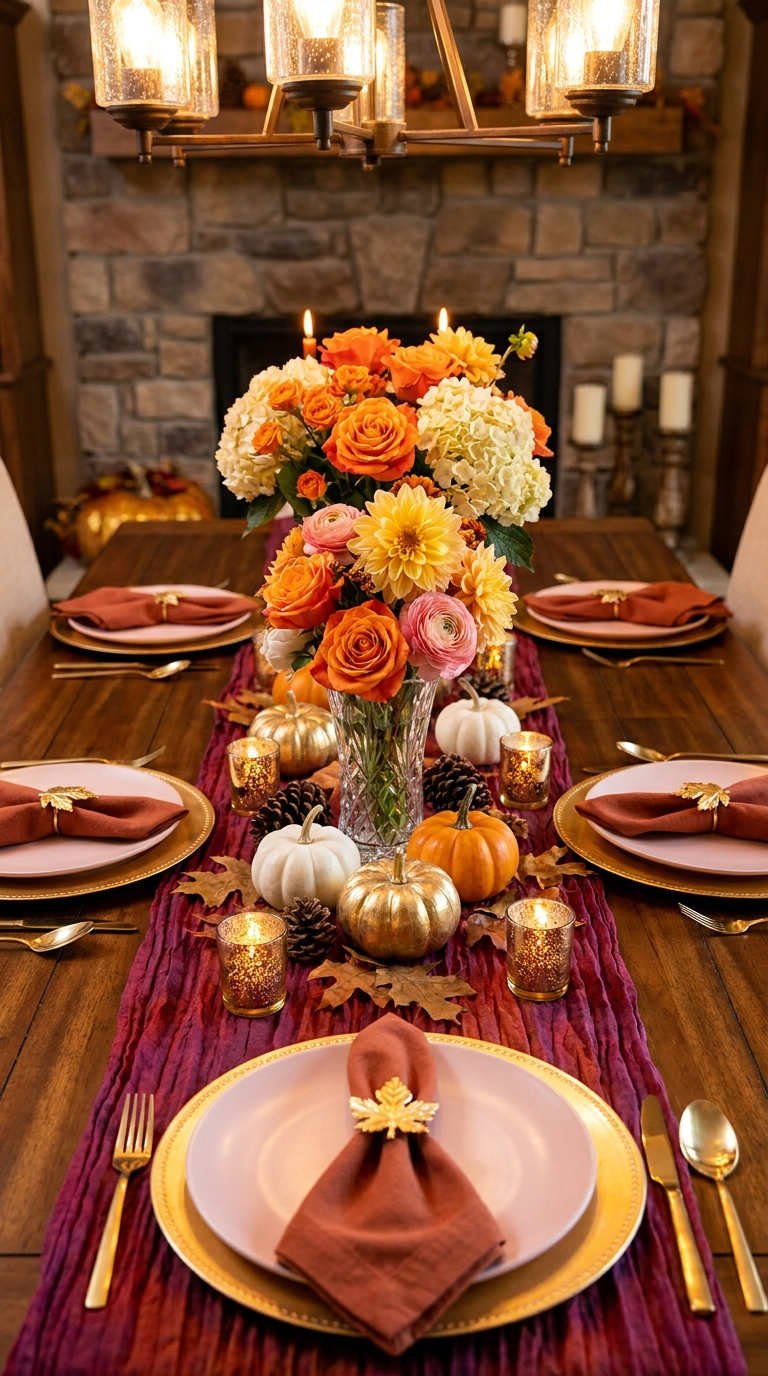 table grenat fleurs citrouilles automne