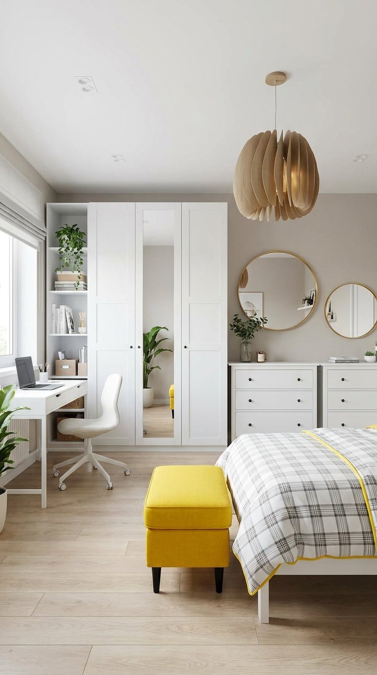 chambre blanche armoire pouf jaune