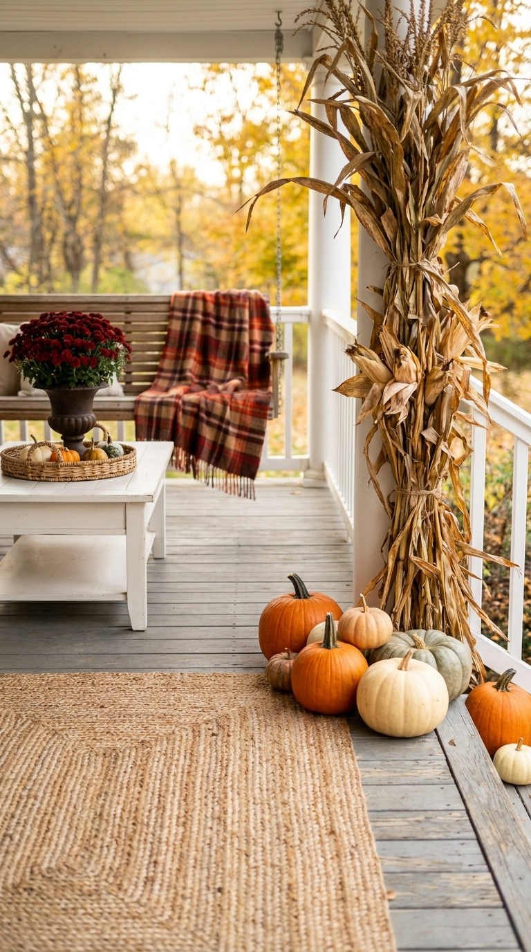 porche mais citrouilles plaid automne