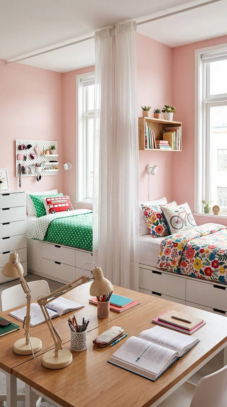 chambre partagee lits rideau fleuri