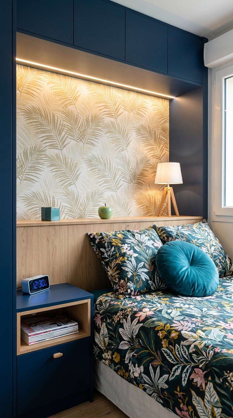 alcove bleu nuit rangements floraux