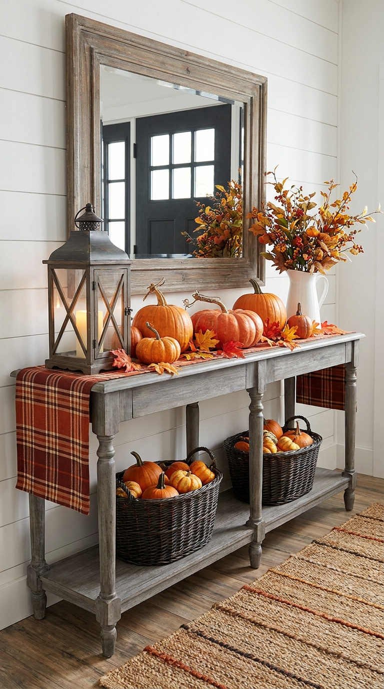 console rustique citrouilles lanterne automne