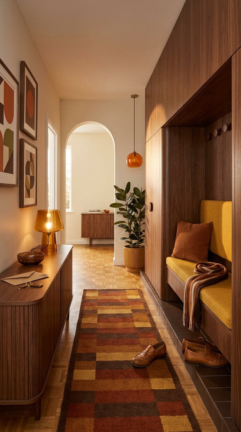 couloir noyer banquette moutarde