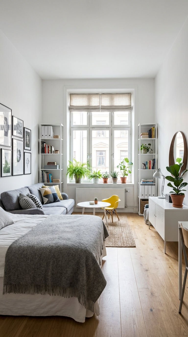 studio scandinave lit canape plantes