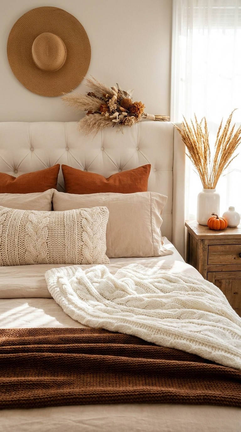 chambre maille coussins terracotta automne