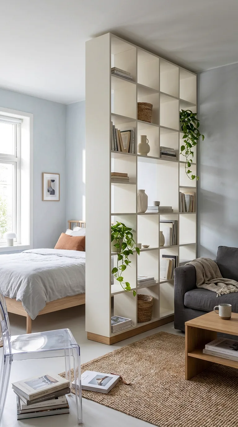 Bibliothèque ajourée entre le lit et le salon d’un studio