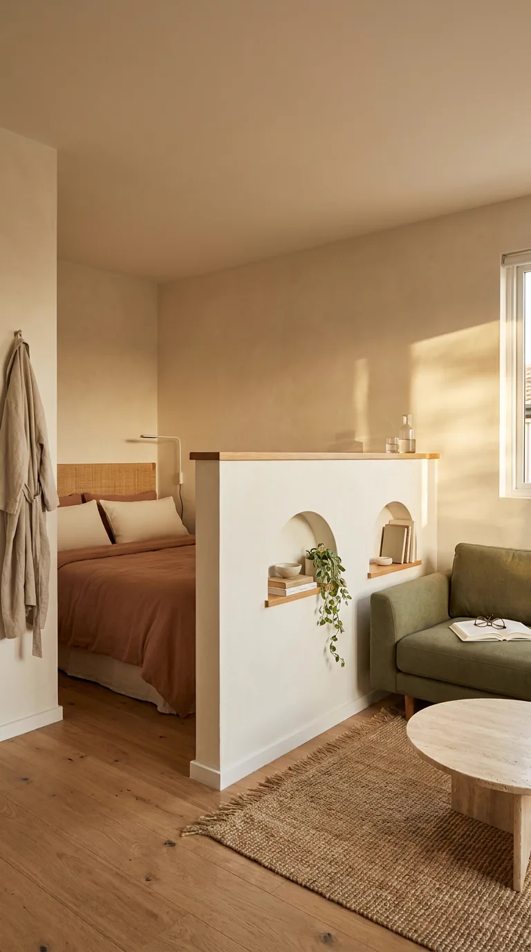 Demi-cloison avec niches entre le lit et le salon