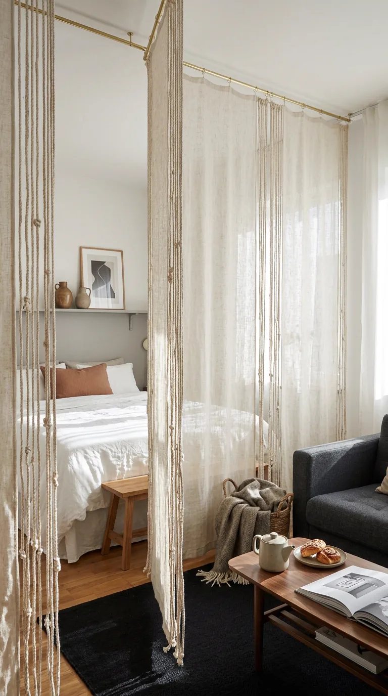 Panneaux textiles suspendus entre le lit et le salon