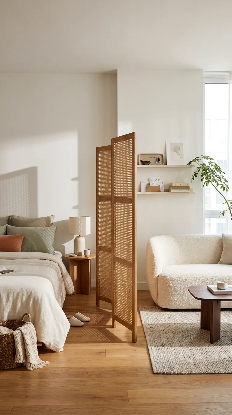 Paravent mobile en cannage entre le lit et le salon