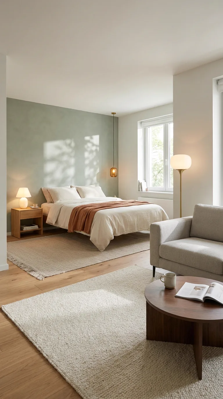Lit et salon délimités visuellement sans cloison dans un studio