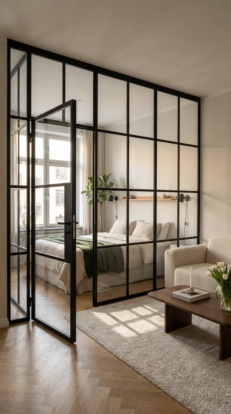 Verrière noire séparant la chambre du salon dans un studio